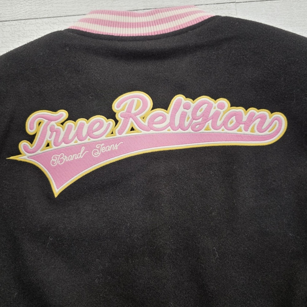 TRUE RELIGION Trendy Varsity Jacket Black, Pink & White LOGO Large - Picture 9 of 10